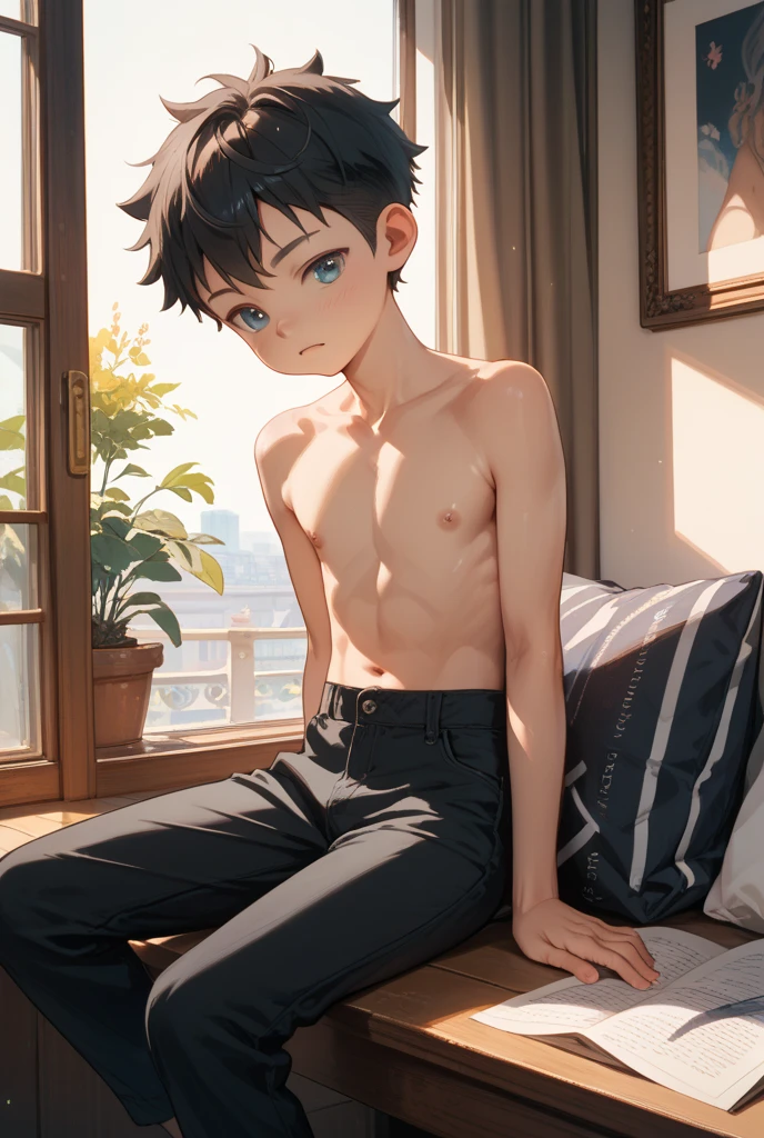 1 boy, solo,handsome, cute, ,flat chest, sitting on the bed, upper body naked, lower body cover in blanket, the sun shines on body, beautiful, 12 years old3)