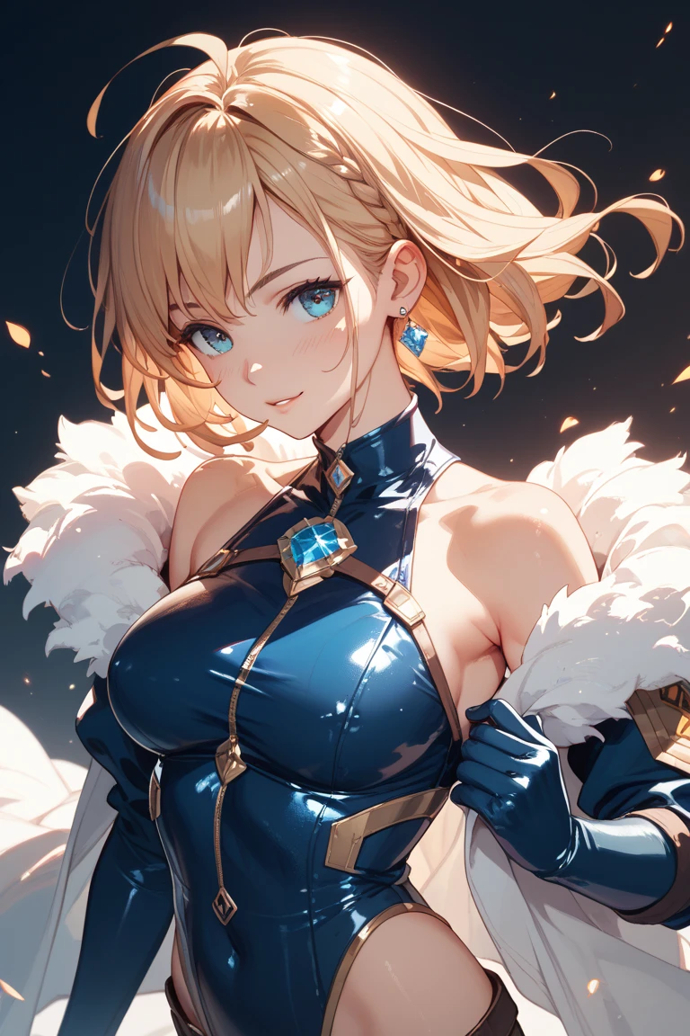 a close up of a person with  cut blonde hair, konosuba, sarcastic smile, no watermark signature, saint woman, hyper dimension, inspired by Edwin Dickinson, tall thin beautiful goddess, meme template, neutron, antialiased, sarcastic, colors: yellow, uranium, perfect future, solo, large chested, she is wearong a white and gold suit of armor, decolletage