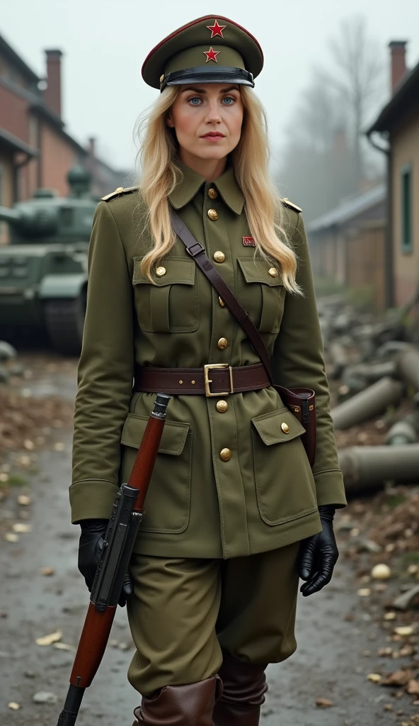 modelshoot style, (extremely detailed CG unity 8k wallpaper, hasselblad award winner), beautiful detailed portrait of a young blonde female, young Nicole Kidman 20 years of age, beautiful sports girl in the militia uniform of the Soviet Union, beautiful female hands, beautiful fingers, wrist watch on a leather bracelet, high heels, tie, serious look, (NKVD style:1.4), stands in a defiant pose, provocative dominance position above the camera, legs apart, legs open, legs apart, sexy, legs apart, pubis, panties, squatted down, sexy look, cinematic lighting, ambient soft lighting, dramatic lighting, diffused soft lighting, aviator style, (detailed background with red flags of the soviet union:1.2), futuristic, imperial style, elite, rich, highly detailed, intricate, sexy uniform, hot body, small breasts, with a long blonde tail and a long (brown:1.2) fur leather coat, (dark brown leather jacket:1.5), (weathered greasy dirty damaged old worn leather jacket:1.3), ambient occlusion, curvature, artstation, cgsociety art, DeviantArt trending, 8k HD, masterpiece, high quality, sharp focus, digital art by Artgerm and Greg Rutkowski and Alphonse Mucha, professional majestic oil painting by Ed Blinkey, Atey Ghailan, Studio Ghibli, by Jeremy Mann, Greg Manchess, Antonio Moro, trending on ArtStation, trending on CGSociety, Intricate, High Detail, Sharp focus, dramatic, photorealistic painting art by midjourney and greg rutkowski