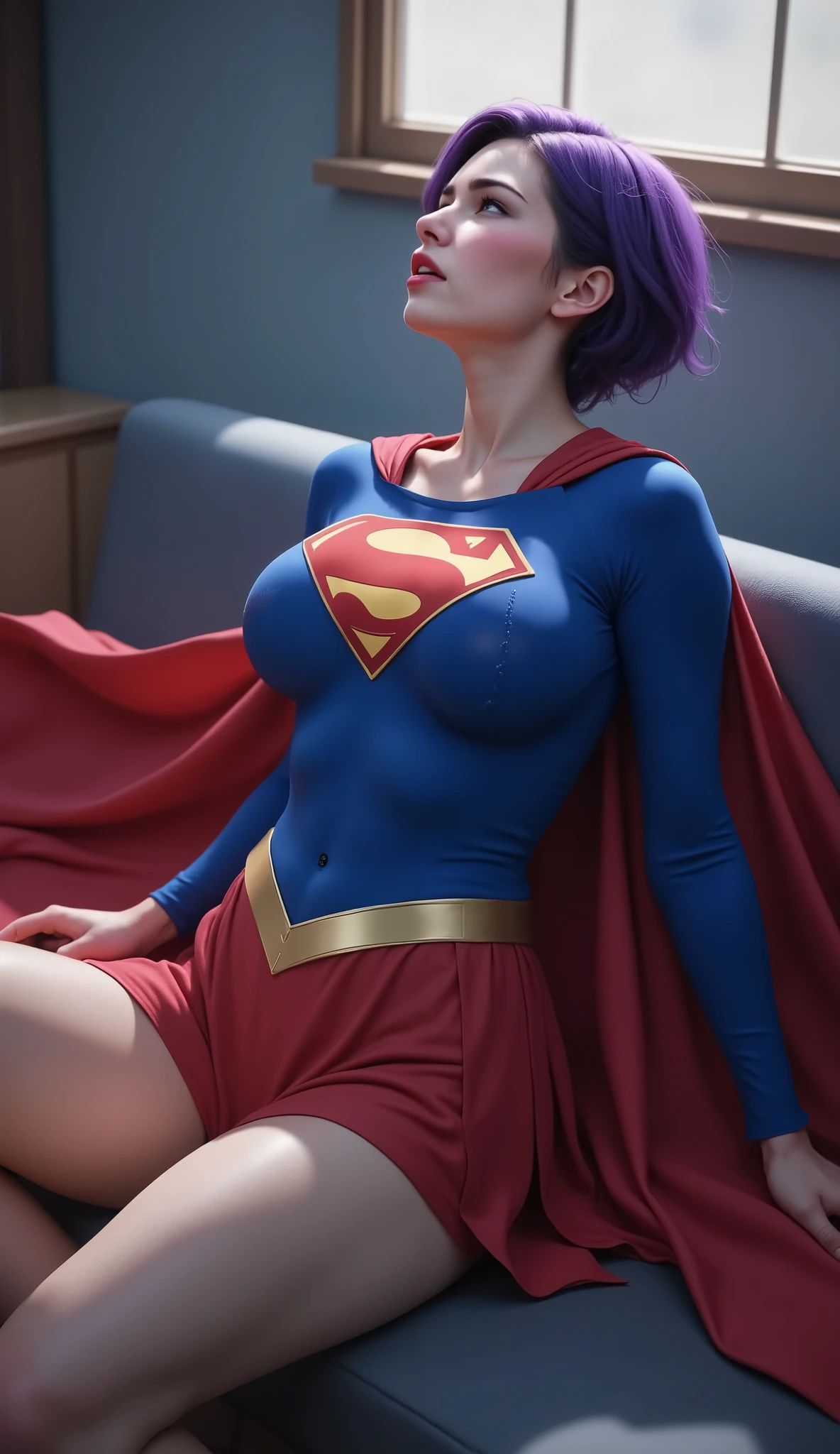 PHOTO REALISTIC-PHOTO REALISM score_9,score_8_up,score_7_up,shadow detail,smooth lights, face_looking up,1girl,doggysex position,SUPERGIRL from dc,purple short hair,gray skin,pantyhose,front view,face up, BLUE SUPERGIRL COSTUME, FLOWING RED CAPE <lora:face_down_pony:1,HAVINGSEX