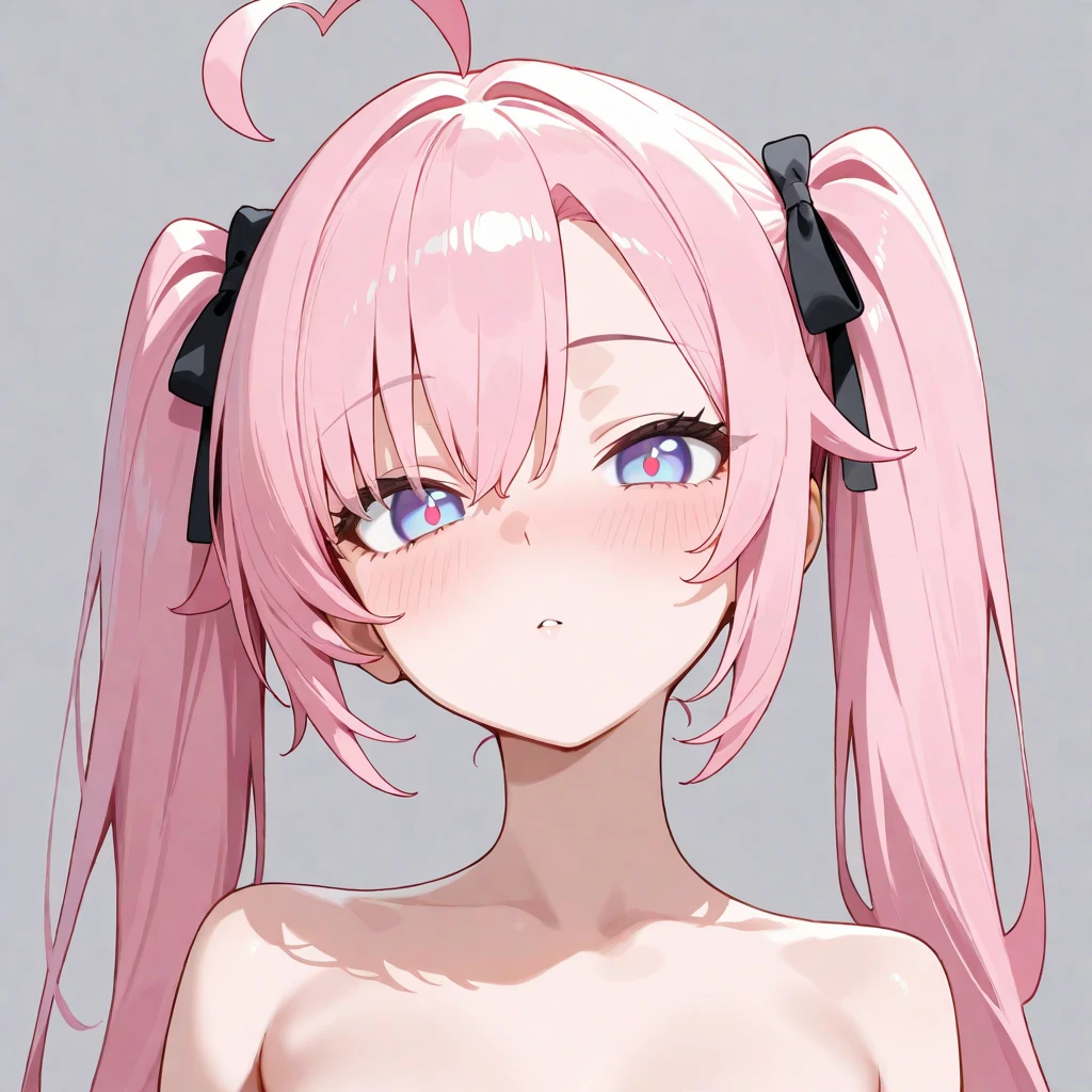 super detailed face, Completely naked, Angle from slightly above, cute, Looks embarrassed, Beginner&#39;s intention, big breasts, Look up at me, There is a mole on the chest, pink areola, Carefully draw the nipples, solid color background, pink hair, Completely naked, emphasize the chest, Draw a large upper body of a girl using the entire screen