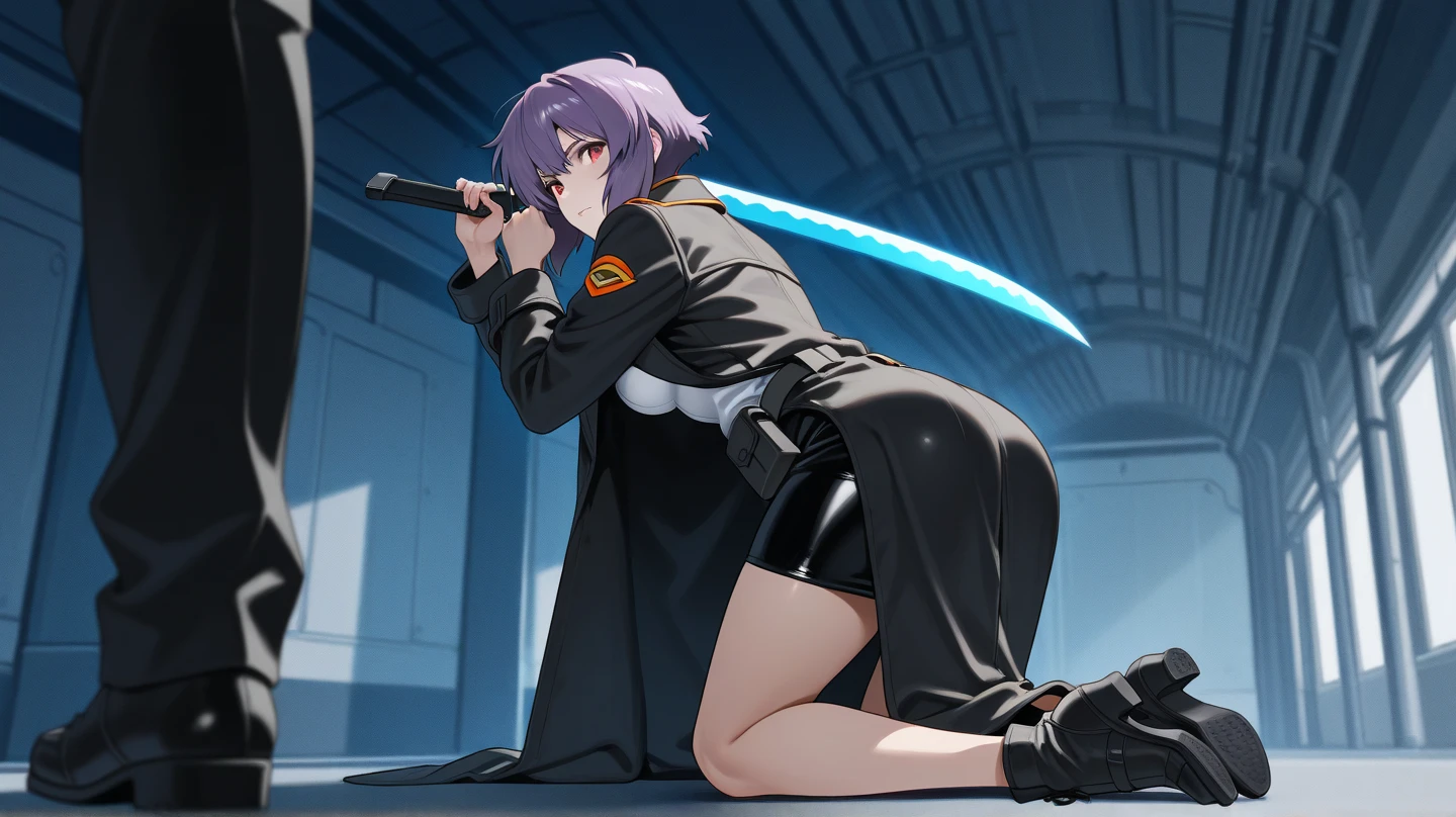 ultra-detailed, Explicit, Beautiful body, Beautiful Nose, Beautiful character design, perfect eyes, perfect face, ultra highres, 4K, beautiful legs, perfect legs, Nice hands, Perfect hand, Masterpiece, Best Quality, Highly detailed, illustration, absurdres, perfect anatomy, street fighter, doll suit, shadaloo doll, dollsuit, expressionless, blank eyes, looking at viewer, red gloves, emotionless, black latex, corrution, mind control, female combatant, full body, hypnotized, unhappy trance, full body suit, ribbed bodysuit, both arms at side, obey, perfect female body, extremely glossy latex, hypnosis, hypnoLora, empty eyes, Mind control device, poses, submissive_pose, Slave, (((all fours))), hat, necktie, belt, latex, ribbed bodysuit, thighhighs, garter belt, Fighting Stance, extending the right arm from the shoulder into the air with a straightened hand, military, thigh boots, 1girl, hair ornaments, (((pixel-perfect, detail-perfect))), solo, Umika Konohoshi, blue hair, long hair, red eyes, small breasts, Hoshikuzu Telepath
