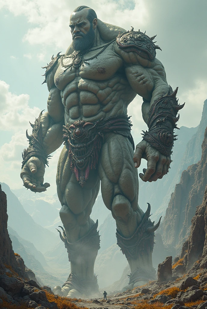 Doomsday's appearance is a terrifying fusion of his monstrous physique and the remnants of what he wears. His massive, muscular body is covered in grey, rock-like skin, with sharp, bony protrusions jutting out from his knuckles, elbows, shoulders, and knees. He often wears tattered, minimalistic armor, usually consisting of shredded green shorts or a loincloth, which barely covers him and emphasizes his brutal nature. The remnants of these battle-worn garments hang from his hulking frame, further enhancing his savage, indestructible look. His face is equally fearsome, with glowing red eyes, a snarling expression, and bone spikes protruding from his chin and jawline, making him look like the embodiment of unstoppable destruction.