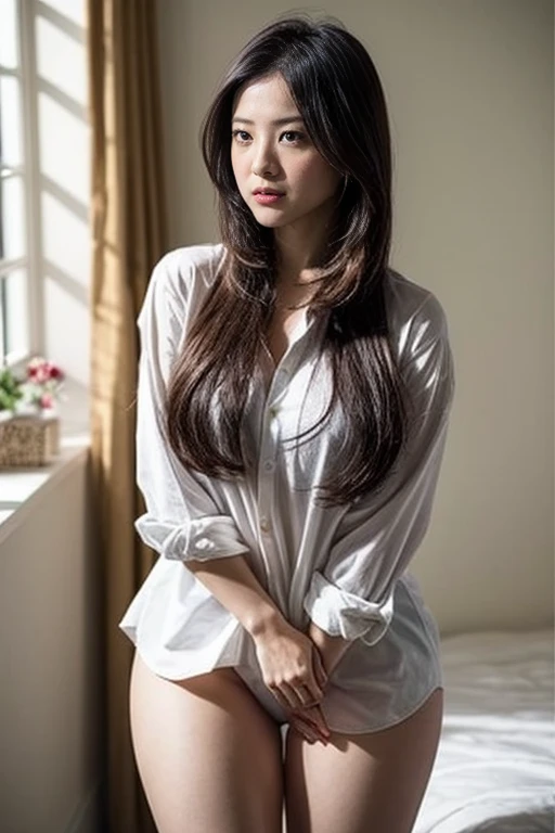 (8K, RAW photo, highest quality, High resolution:1.1), (hyperrealistic:1.4),(realistic, photorealistic:1.3), soft light,realistic face,realistic body,realistic skin,disorganized,masterpiece,(cute:1.8), , baby face, Beautiful big breasts,(long hair,ponytail,blond hair),(big:1.2),fine black eyes,innocent eyes,droopy eyes,Watery eye,open lips,blush,good style,colorful lights,film Grain,,look viewer,full Body,,young,85mm lens, f/ 1.4,professional lighting,portrait,photon mapping,radio city,Physically based rendering,japanese girl, ((dynamic seductive pose, spreading legs to viewer, showing genital to viewer)), in a bathroom, fully naked, nude, bare naked, wearing unbuttoned long sleeve white uniform shirt, visible genital, visible nipples