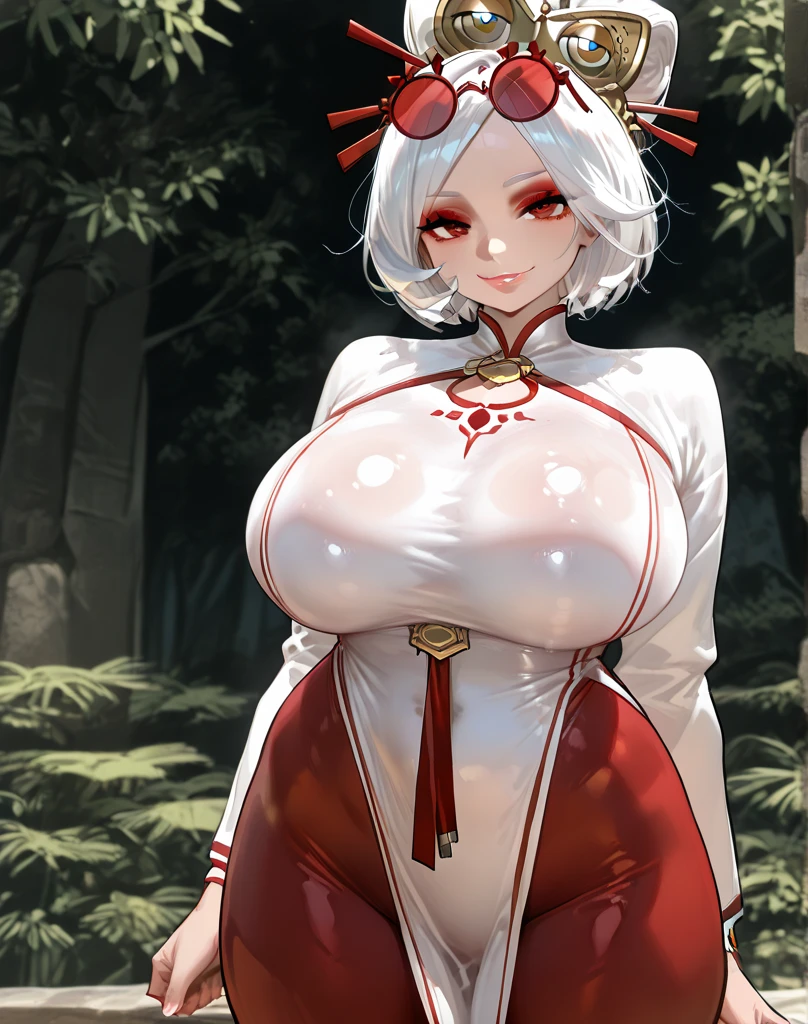 actual, , white hair, big eyes, Smile,open mouth,big breasts,glowing eyes,open lips, blush, daytime,background orc ears,Fox fairy,Kimono decoration,sexy,exposed,charming smile,Half-dressed kimono,white fox ears,White pink fox tail,high thigh slit,,Exquisite background,Mature,red background,Warm colors,red sleeves,Bright colors,white hair,Sense of lens,Lying in bed,Mature women
