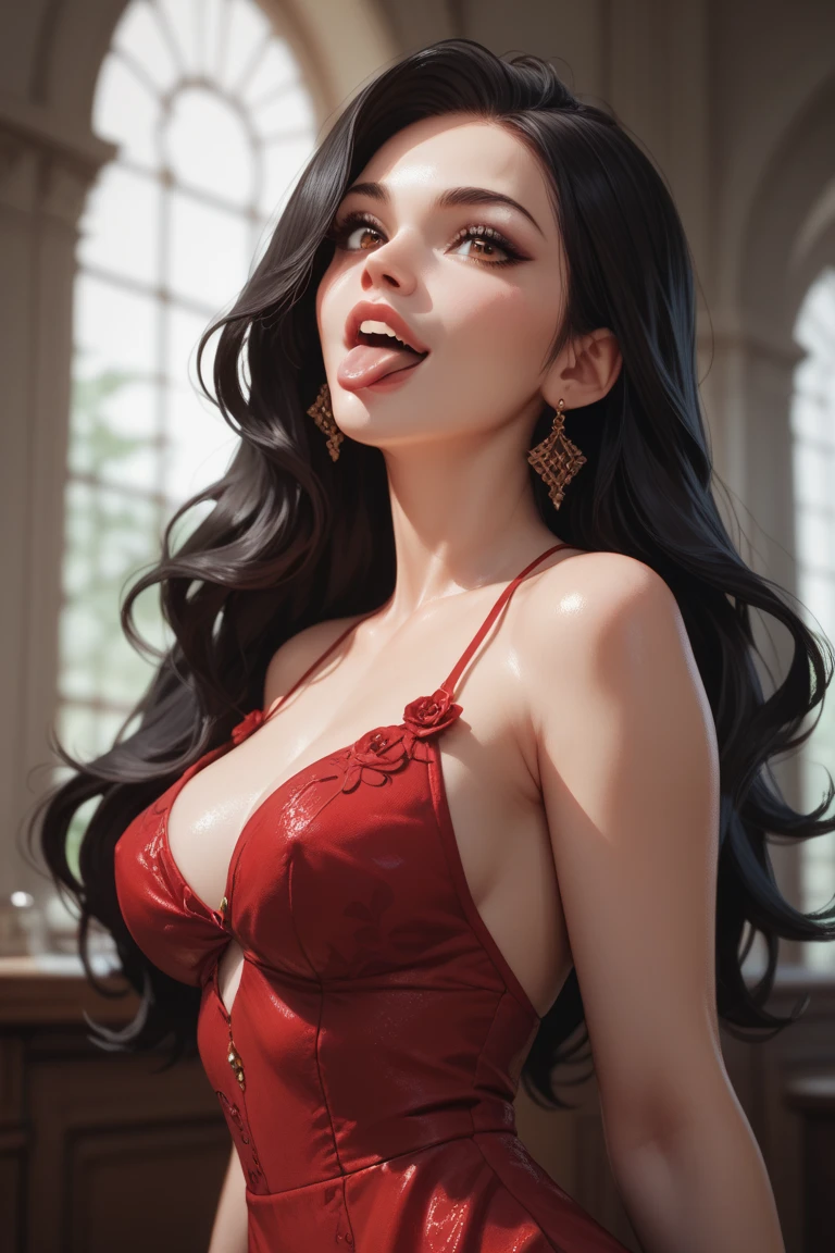 (female:1.2) (bodybuilder:0.8), hyper realistic, masterpiece, photorealistic, real skin, detailed face, detailed skin, detailed lighting, 1girl, (green eyes), large breasts, cleavage, navel, long hair, curly hair, black hair, red lips, seductive face, smile, seductive pose