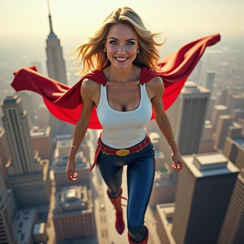 Hillary Clinton is an Elderly Supergirl, buff bodybuilder, low boots, tank top, short skirt, flowing cape, up up and above metropolis, thick volumetric long hair, perfect fingers, perfect eyes, perfect teeth, perfect nose, sensuous expression