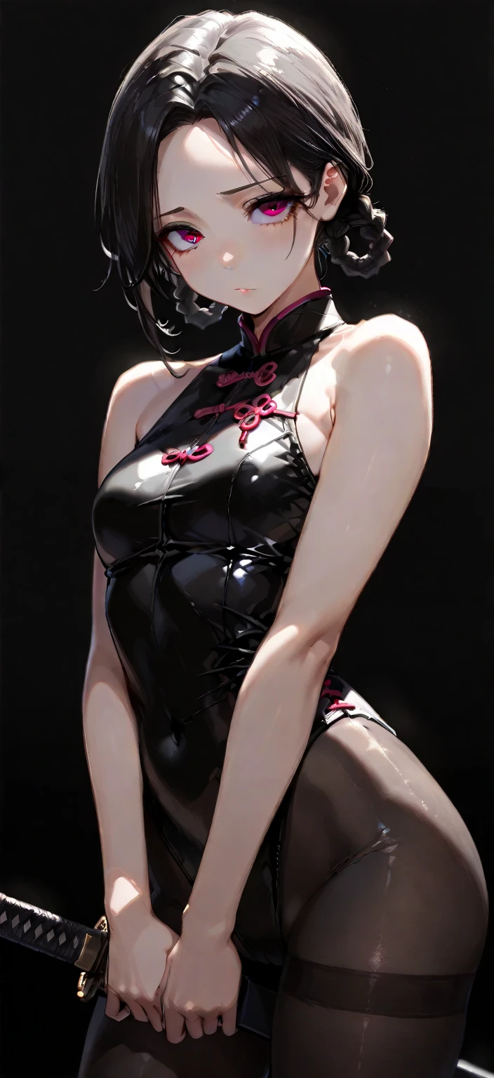 tsuruta ichiro, Narrow-eyed, 1girl in, Allback、deadpan、short-hair、shorth hair、brow、Reluctance、A dark-haired、Tucked Hair Solo, Cowgirl, Onepiece, ((mideum breasts)), Thin slit eyes、Black eyes, Light shines on the eyes、Black hair, gloves, Dress, Luxurious Jewelry, earrings, sharp eye、 elbow groves,Raise your hands and tie your hair back, random color, random color dress, Makeup for long eyes, Slender eyes、lip stick, Complex petal pattern, Rim Light, Back Light, pastel color,Studio Lighting