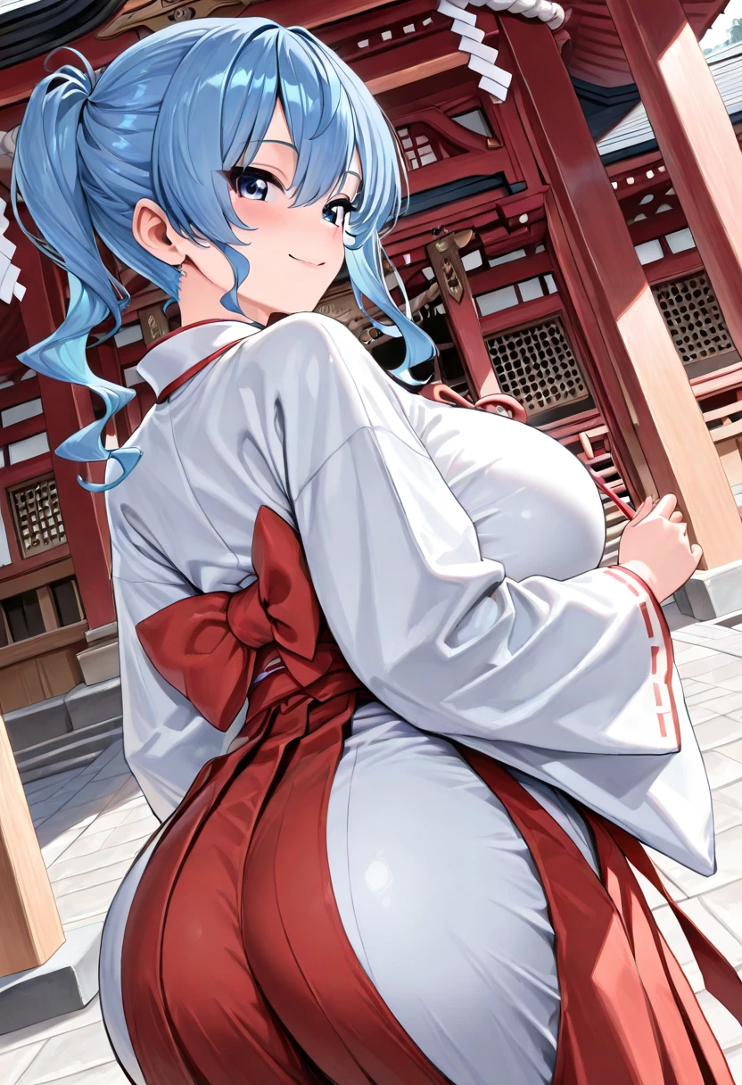 girl, long hair, light blue hair, pink eyes, vibrant colors, female, tall, masterpiece, sharp focus, best quality, depth of field, cinematic lighting, big breasts, big thighs, big butt, Hanfu, temple