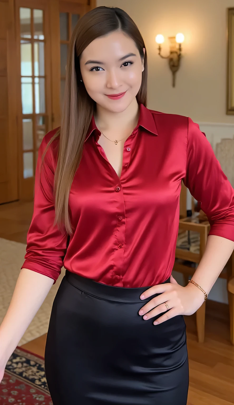 a woman, standing in the living room, use a tight formal shirt of satin material of red color, Long skirt to the toe satin material of black color, Big , shirt looks full body, body facing the camera,