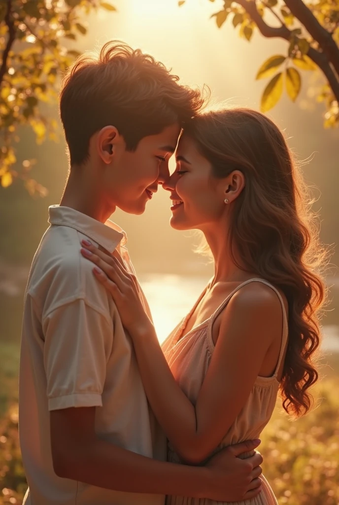 couple ,Woman giving kisses on the forehead to the boy, the boy is smiling, he has a white shirt and the girl a light gray shirt