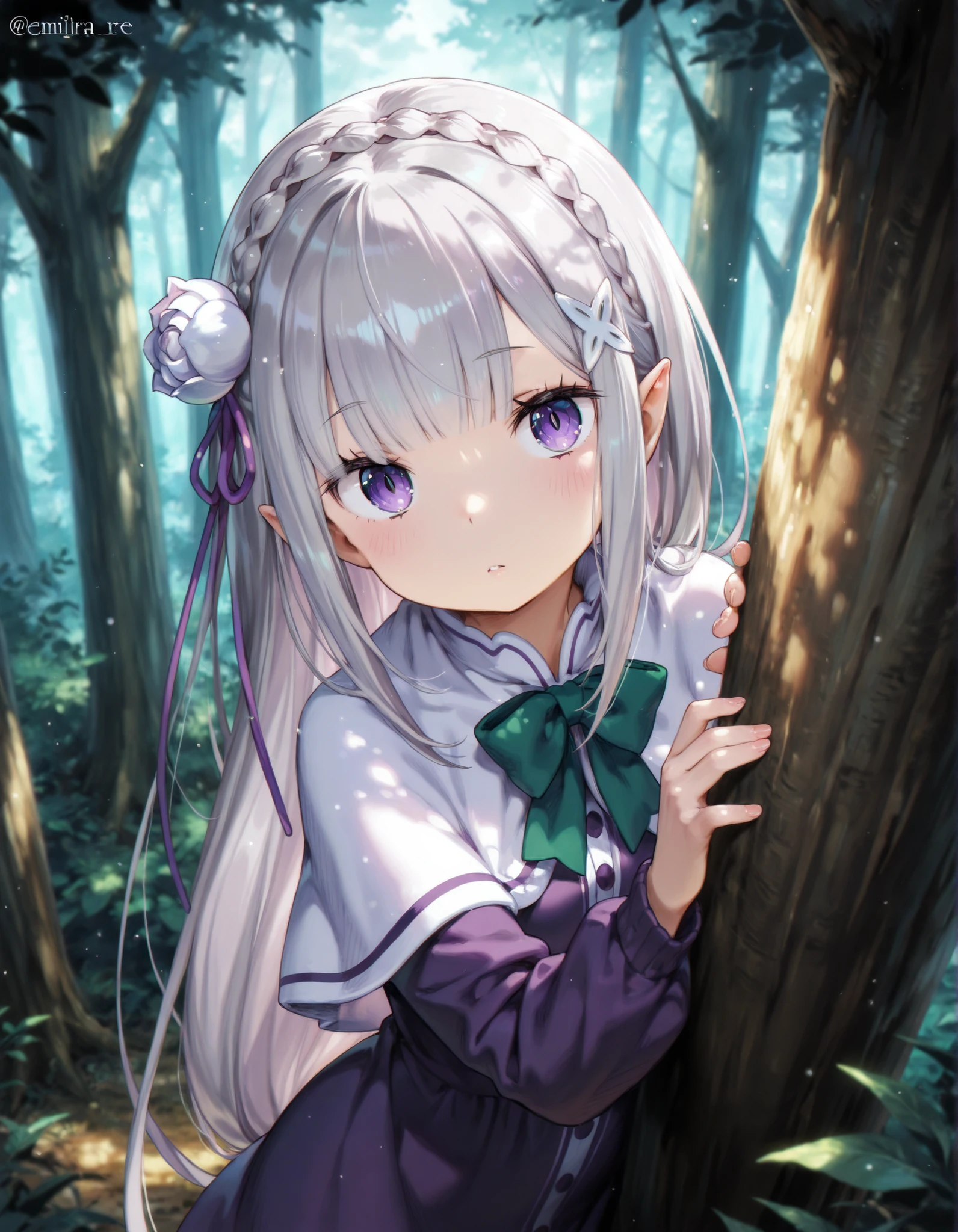 masterpiece, best quality, very aesthetic, 1girl,, solo, anime, emilia (re:zero), young, forest, peeking out upper body, behind tree, purple eyes, hairband, long hair, grey hair, pointy ears, blunt bangs, white capelet, purple dress, green bow, long sleeves,
