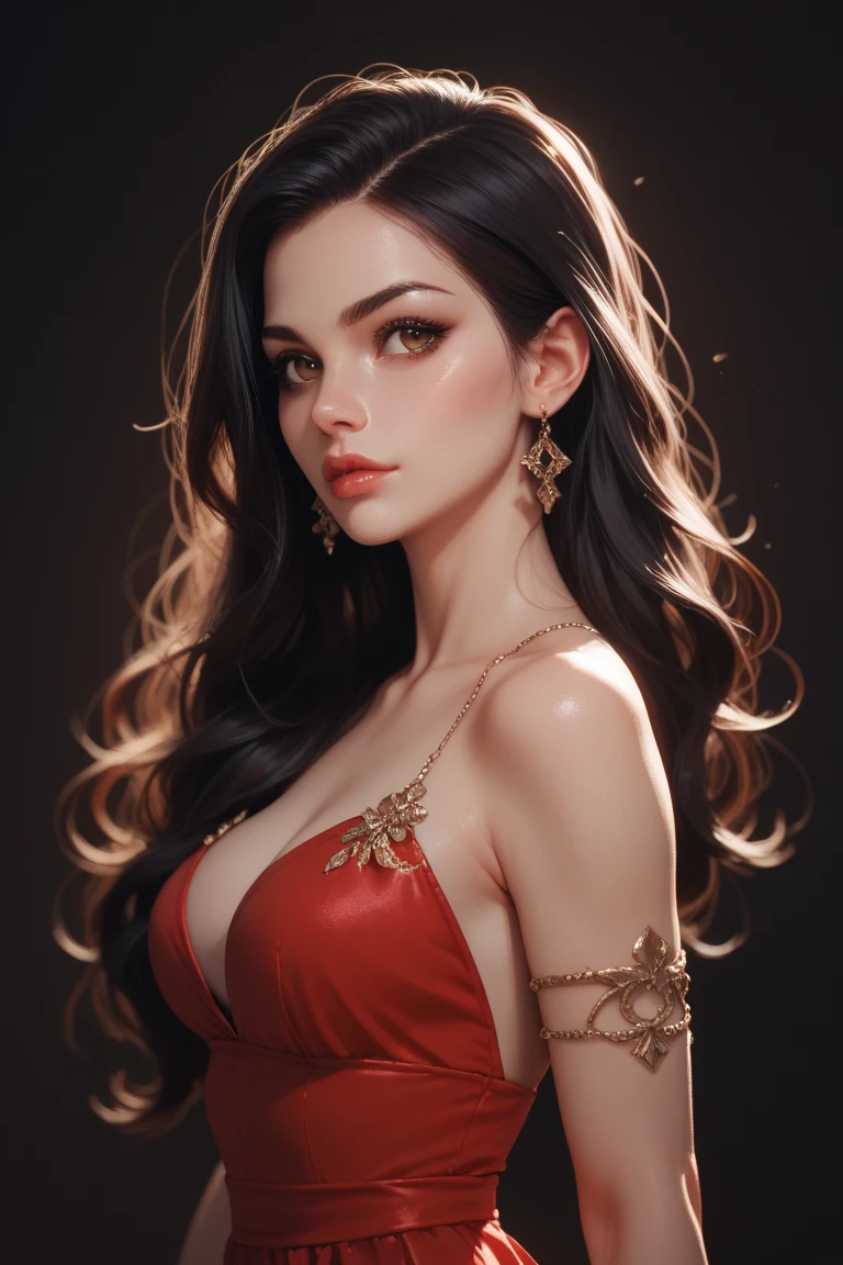 Foto de Una mujer de belleza deslumbrante, con una figura esbelta y elegante, destaca en la imagen. Su cabello largo y sedoso de un rojo intenso cae en ondas suaves sobre sus hombros. Sus ojos color avellana brillan con una mezcla de misterio y ternura, attracting the viewer's attention. She wears a dazzling melon-colored dress that fits perfectly to her curves., realzando su silueta con gracia y estilo. With a seductive and enigmatic look, la mujer se encuentra de pie junto a la ventana de un castillo antiguo, creating an atmosphere of intrigue and romance.