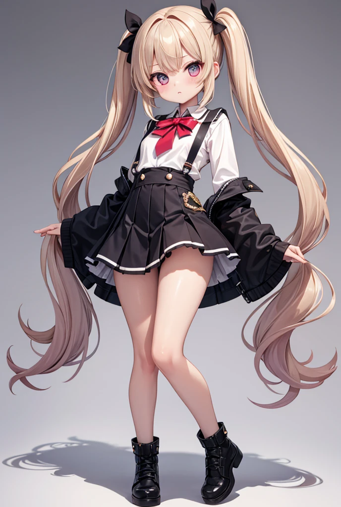 1girl, bangs, black_choker, black_footwear, black_necktie, black_ribbon, blonde_hair, blue_eyes, blush, bra, breasts, choker, collarbone, collared_shirt, fishnet_legwear, fishnets, full_body, grey_background, hair_ribbon, long_hair, looking_at_viewer, necktie, plaid, plaid_skirt, pleated_skirt, ribbon, shirt, short_sleeves, skirt, smile, solo, standing, thighhighs, twintails, underwear, wristband