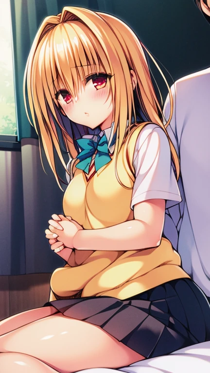nsfw,A man behind,Sweat,White Breath,Pokémon,Lillie,room,Side view,Having her breasts massaged from behind,Embarrassed expression,
