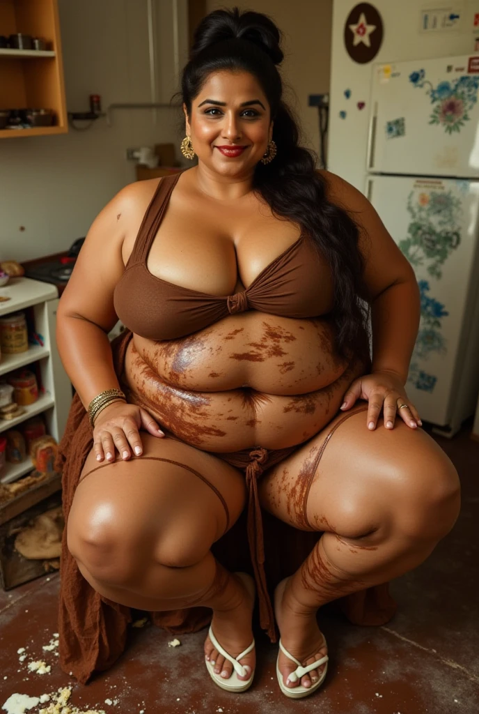Generate a full body image of a completely nude 66 year old black Brazilian woman, wearing large prescription glasses, with long straight black hair with gray tones and disheveled, the face with expression lines due to age, small mouth, full lips with signs of age, protruding nose, obese body with average height showing his age, large, voluminous, saggy breasts, wide hip, legs thick, thick-thighs, shaved vagina, and she is standing smiling and with an imposing look with her legs slightly open exposing her naked vagina and holding a glass of beer at night in a humble room.