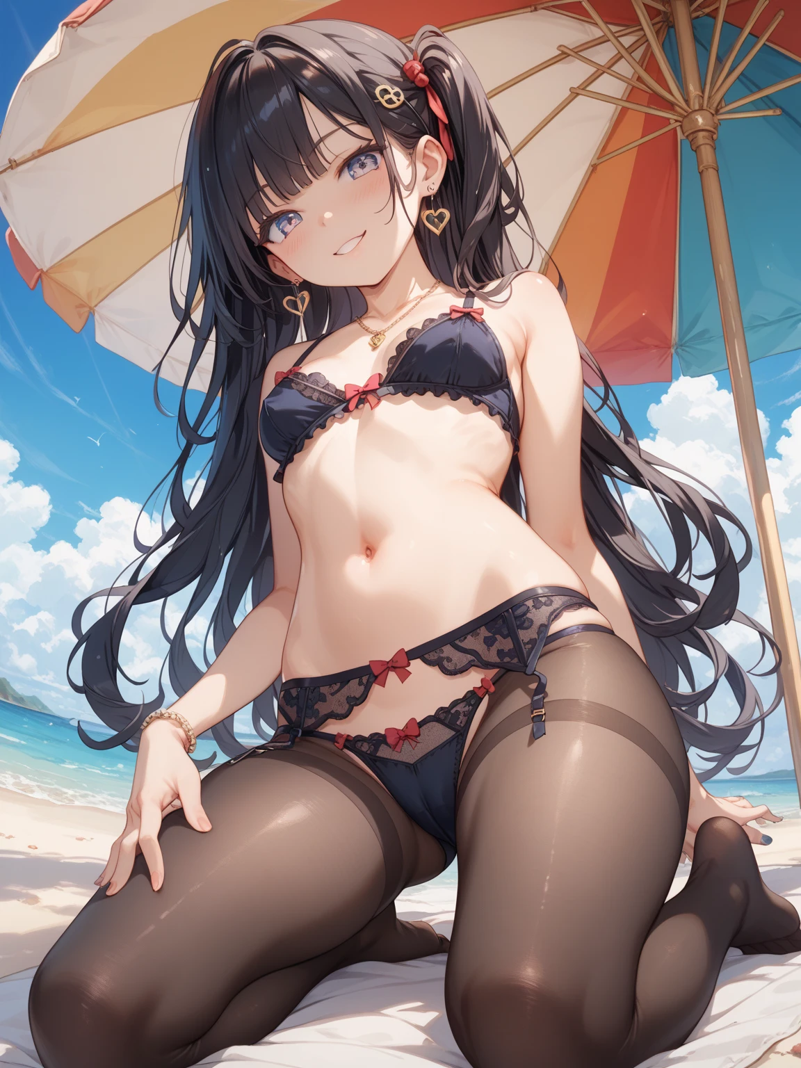 NSFW 4kqulity, top-quality, Ultra-small_Breast,)at the beach, 16 age, sexy pose, Bewitching, flat chest, half striped, , kid, , cute little sister, nudist beach, kids playing, small breasts, cute feet, tan, many people, sea cucumber