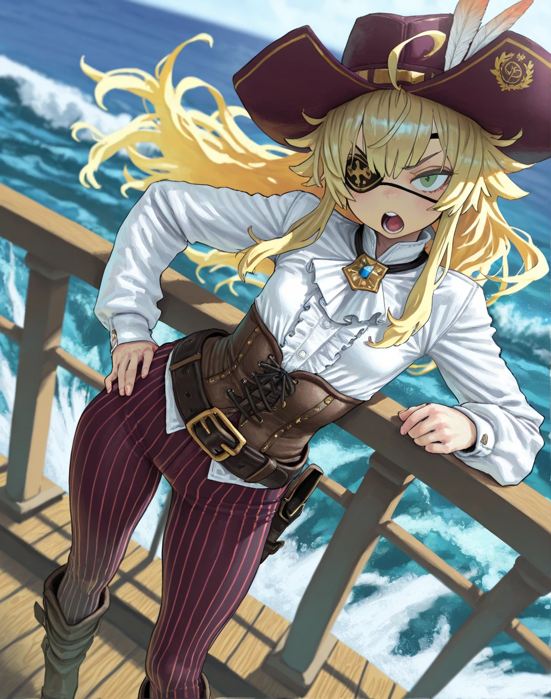 1GIRL, SOLO, NINETAILED, FOX GIRL, FOX TAIL, MULTIPLE TAILS, FOX EARS, BLONDE HAIR, RED EYES, SHORT EYEBROWS, MEDIUM BREASTS, FACIAL MARK, ANIMAL HANDS, ANIMAL FEET, CLAWS, THIGHHIGHS, NAVEL, SIDELOCK, JAPANESE CLOTHES, KIMONO, SMOKE, SMOKING PIPE, HOLDING SMOKING PIPE, facing viewer, looking at viewer, upper body, smile.