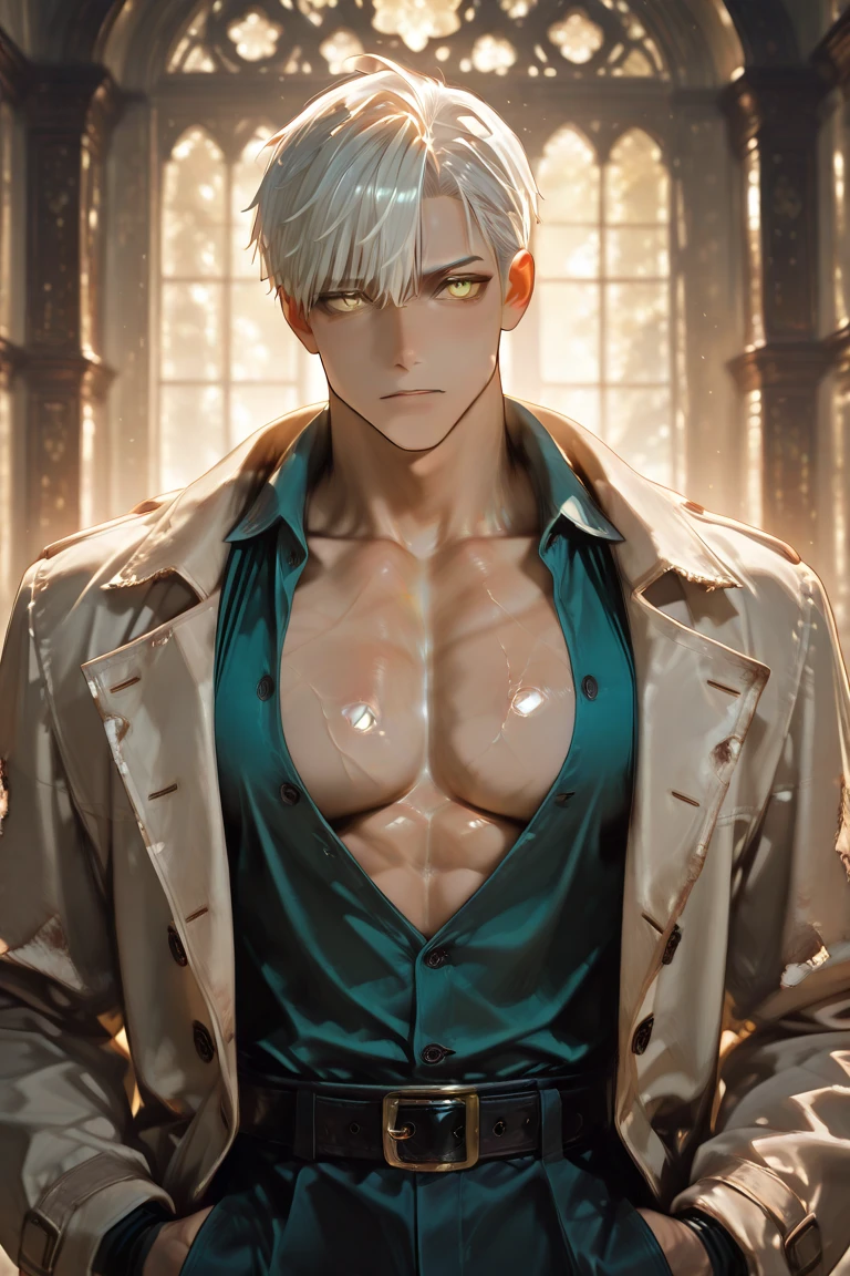Male. Attractive zombie with glowing green eyes. Tall, slender, muscular build. White hair styled in a short hairstyle. Dressed in casual attire.
