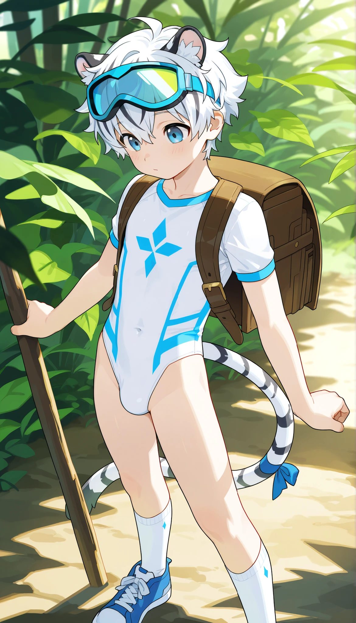 a boy, short hair,cute,一个棕发的穿着白色裤袜的 Shota, wearing goggles on the head, White Tiger Ears , masterpiece, best quality ,male focus, Shota,summer,Short sleeve,sexy,cowboy shot,Little Hero,happy,(( white socks)),sneakers,shota wearing a white form-fitting one-piece leotard with a futuristic design featuring blue and white colors along with stylized graphics. The person's left hand rests on their torso, capturing the length of the body. The background shows a striped bedspread and indoor surroundings. Natural lighting softly illuminates the scene from the left, with a calm and relaxed atmosphere.