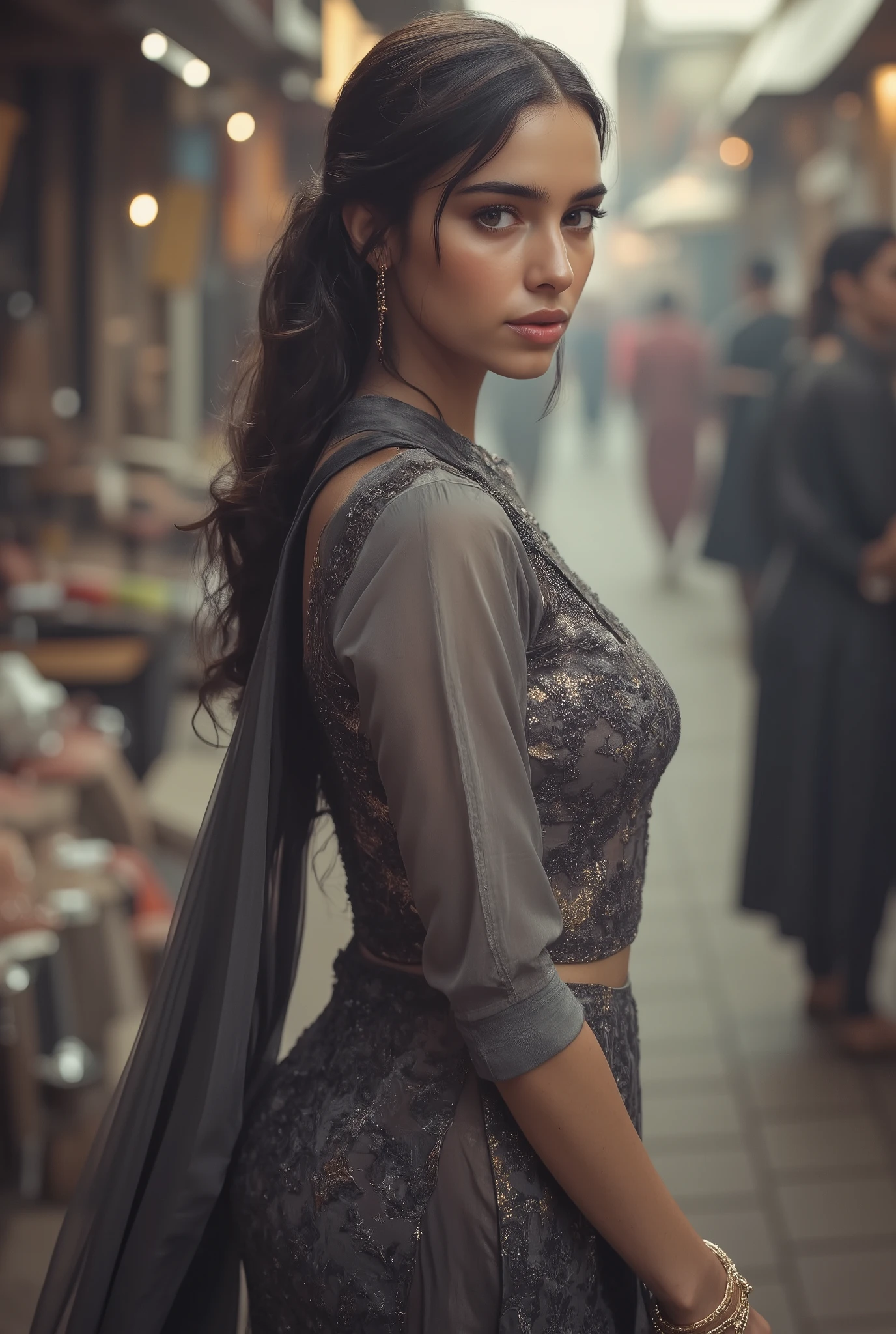 Beautiful Indian Women Kurti Leggings Tulidar Tight Market Hot Flying Kurti, gray leggings, Red Side Slit Open Kurti,big breasts,big butt, huge butt between collarbones,beautiful face, Celebrity Faces,full body image,Side View Fine Grain, Detailed Faces, (film grain:1.1),(accentuate your body line:1.1), high resolution, natural appearance, kind eyes , Improves hair quality, Subtle light and dark, Transparent muscles, graceful posture, Beautiful Eyes, sharp details, soft light reflection, beautiful outline, Delicate skin tones, Thin hair type,Cute Japanese Woman Pictures,
