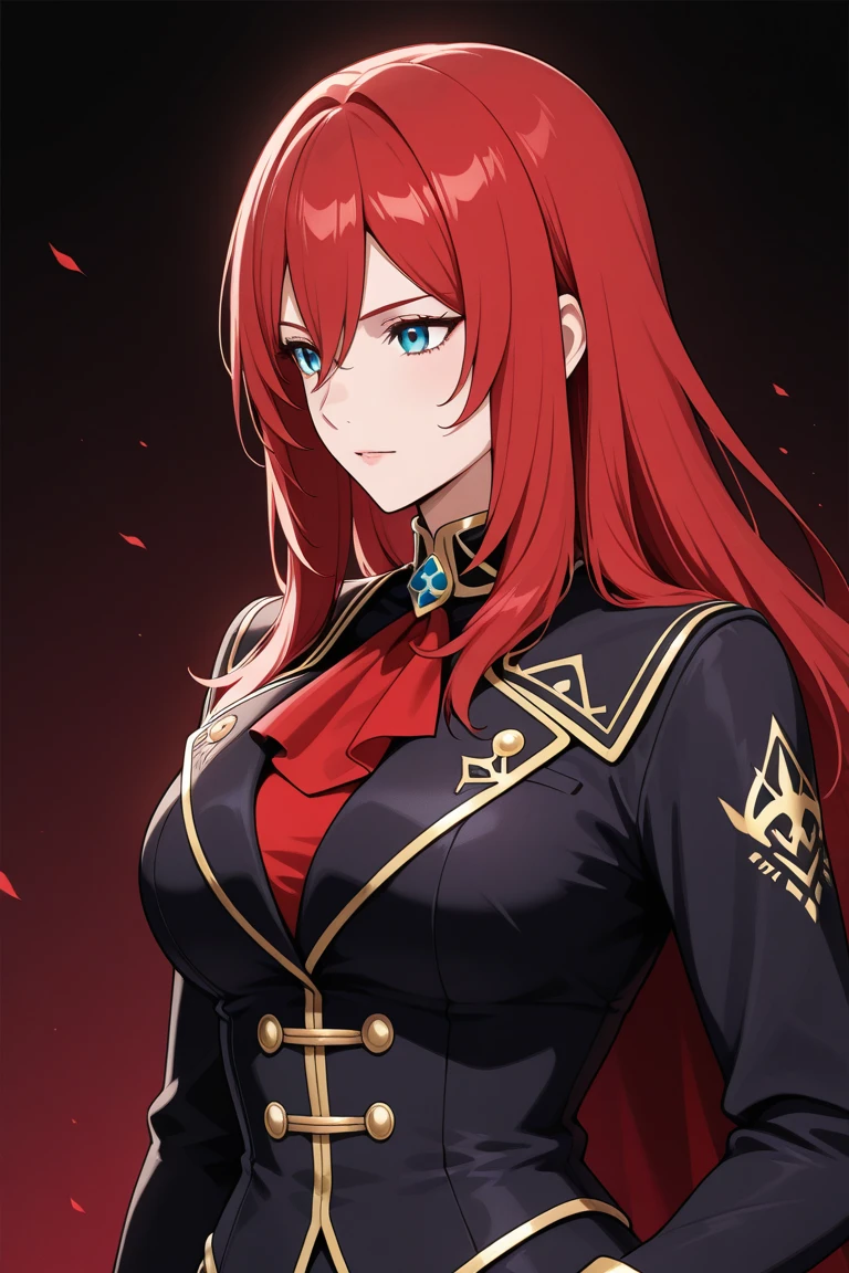 cowboy shot, straight-on, serious,  <lora:pride_royal_V2:0.95> pride royal Ä±v, purple eyes, red hair, swept bangs, long hair, red dress, red coat, <lora:Afrobull [MockAi - v1.0]:0.8> afrobull, cell shading, simple shading, colorful, clean lineart,, absurdres, ultra detailed, masterpiece, best quality, aesthetic, detailed,