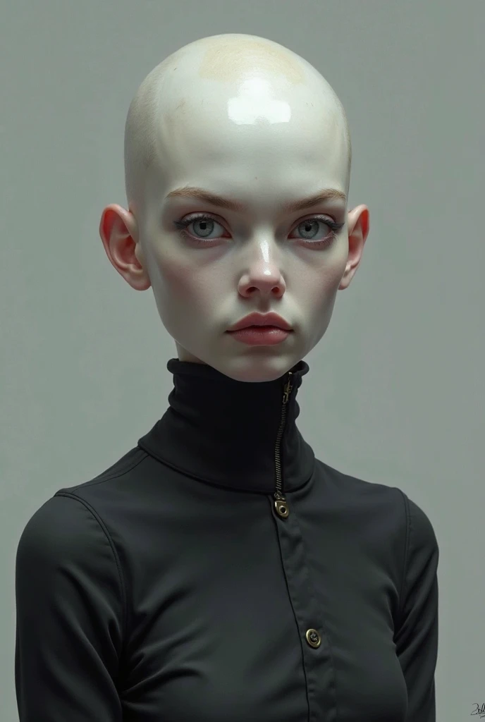 23 year old young adult with lime colored skin, albino, wavy white hair strong green pupils with light swirls, Black t-shirt with vertical white stripes with a long turtleneck and elegant long sleeves.