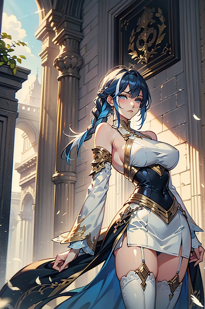 Peerless beauty,Perfect slim body,Mature royal sister face,Double ponytail curls,Knight armor,Sensual and alluring,Nice face,Full body like,4K quality,Feminine expression,Blush shyness,Star-like deep eyes,Huge breasts,A short skirt,Knife pulling posture。Overflowing bust,Fight Warcraft,speed-line,very best quality,tmasterpiece,Magnificent background,On the battlefield,Clothes burst