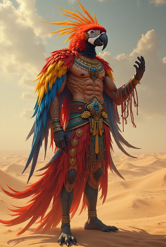 Make the god Quetzalcoatl a human with a crest covering his eyes and with orange and blue feathers., Also, he has a short beard , her brown skin, with a muscular body and wearing an Aztec bracelet on each arm and resting on a rock with a mountain and a river in the background