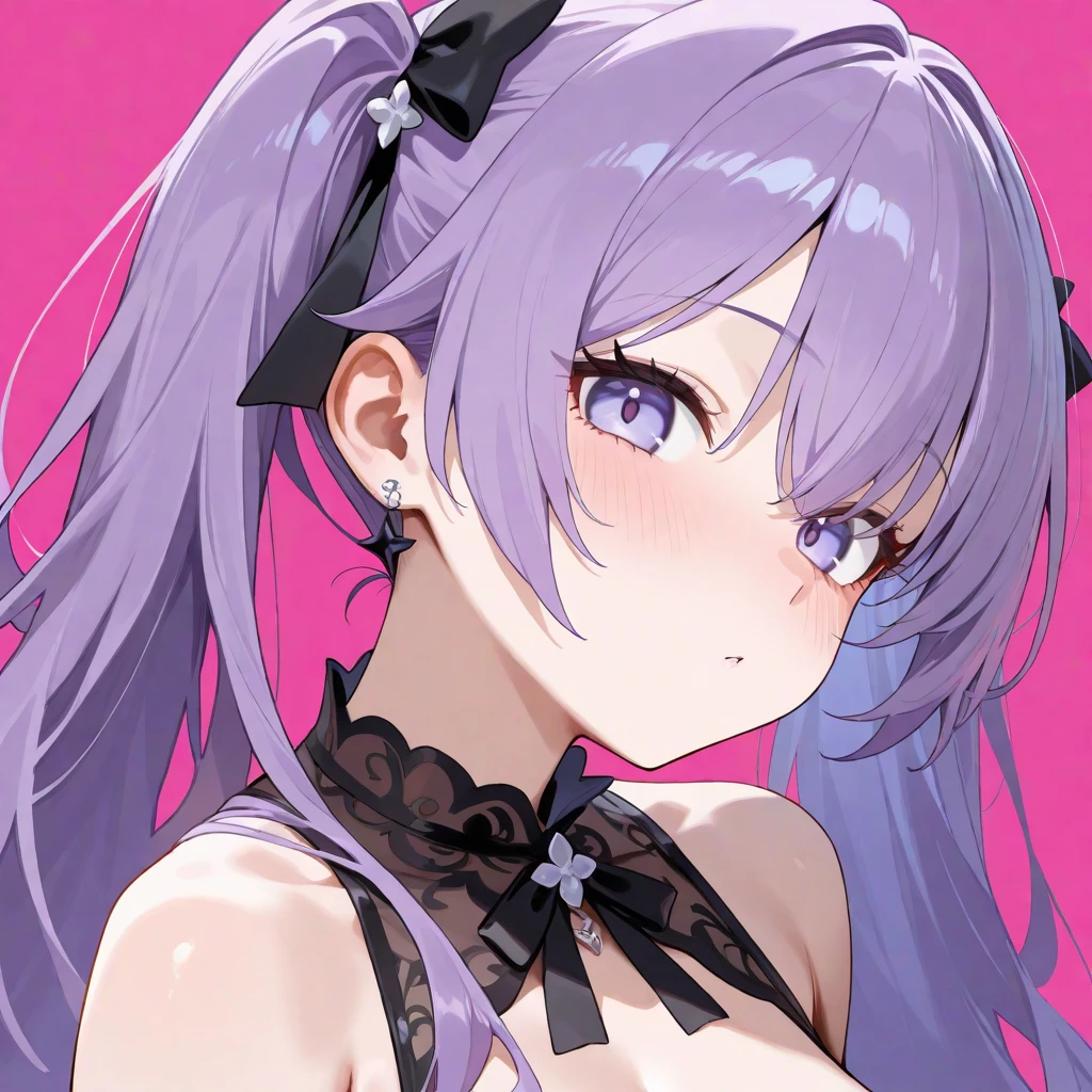 8k, Best quality face, top quality, hentai vibes, long bright purple  hair, black eyes, gives sexy vibes, naughty expression on her face, style hentai, wearing one piece very tight blue skimpy outfit highlighting her body , naughty vibes, henati pose, she has a lolita vibe, detailed, background pure white without any objects 