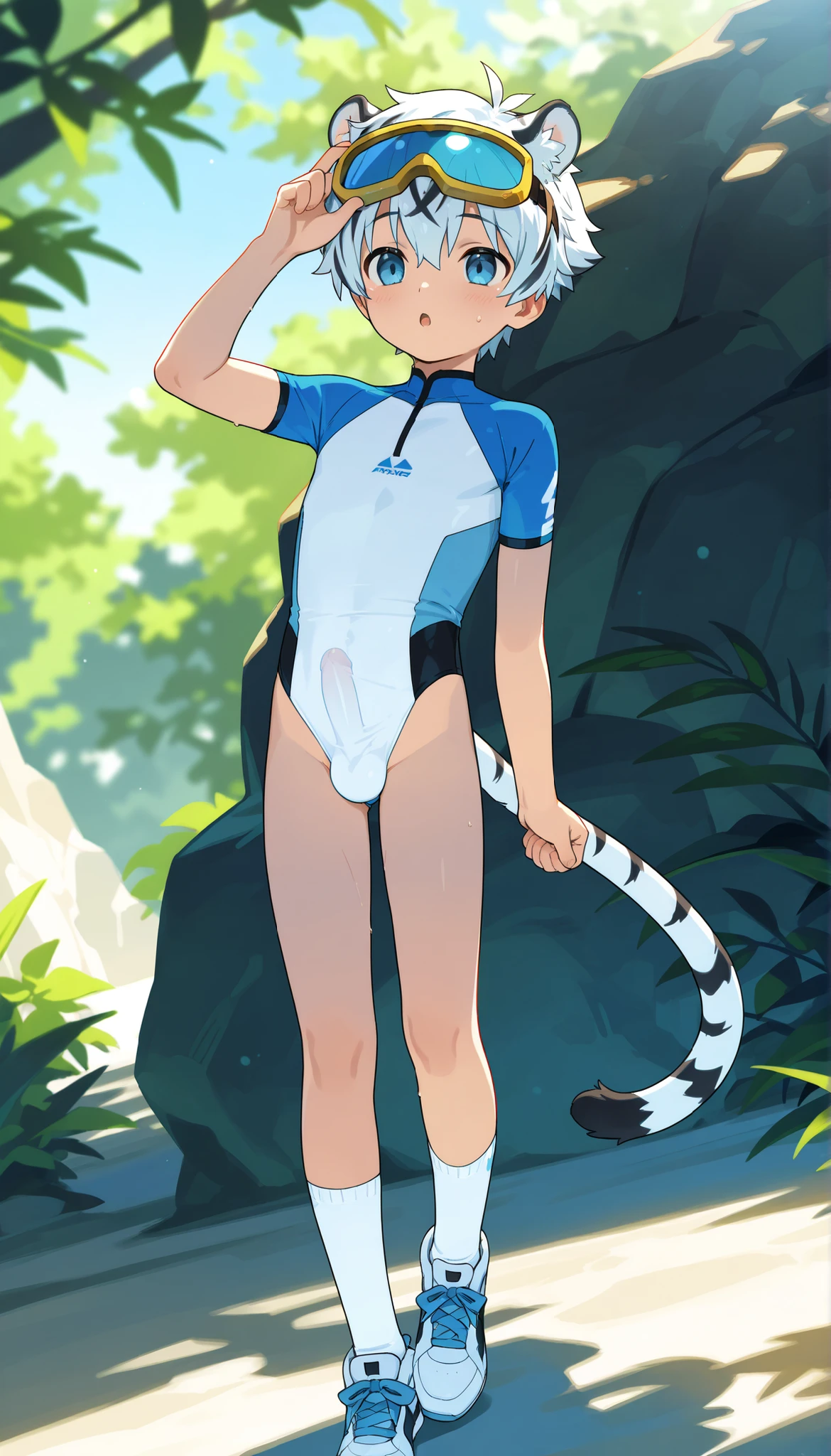 a boy, short hair,cute,一个棕发的穿着白色裤袜的 Shota, wearing goggles on the head, White Tiger Ears , masterpiece, best quality ,male focus, Shota,summer,Short sleeve,sexy,cowboy shot,Little Hero,happy,(( white socks)),sneakers,shota wearing a white form-fitting one-piece leotard with a futuristic design featuring blue and white colors along with stylized graphics. The person's left hand rests on their torso, capturing the length of the body. The background shows a striped bedspread and indoor surroundings. Natural lighting softly illuminates the scene from the left, with a calm and relaxed atmosphere,with a raised vertical erection on the crotch,moaning