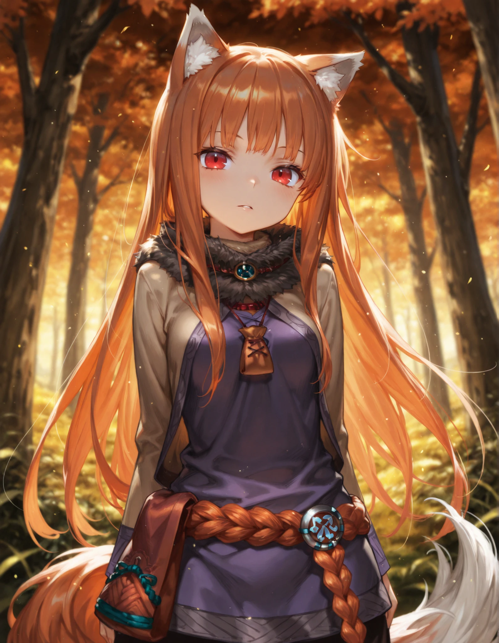 masterpiece, best quality, very aesthetic, 1girl,, holo, 1girl, wolf ears, long hair, solo, red eyes, ginger hair, wolf tail,