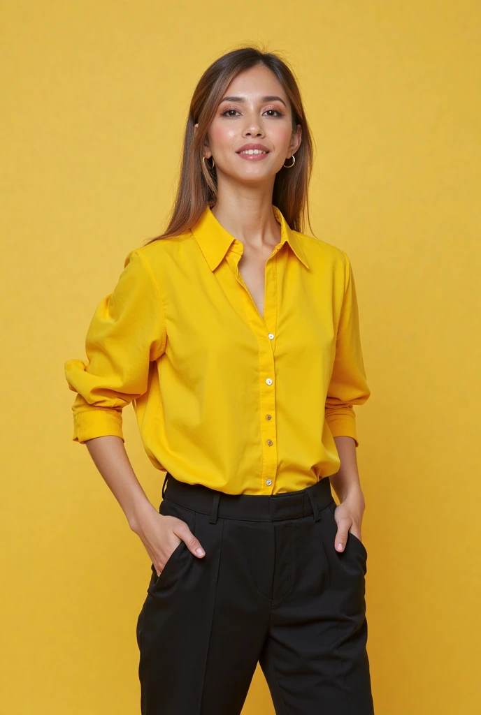 1 girl, realist, standing, Photo, Beautiful yellow blouse, mini skirt, Looking beyond the viewer, female, SMILE, Photorealism, fashion design, simple white background, (Perfect face:1.4), model, Vogue magazine cover