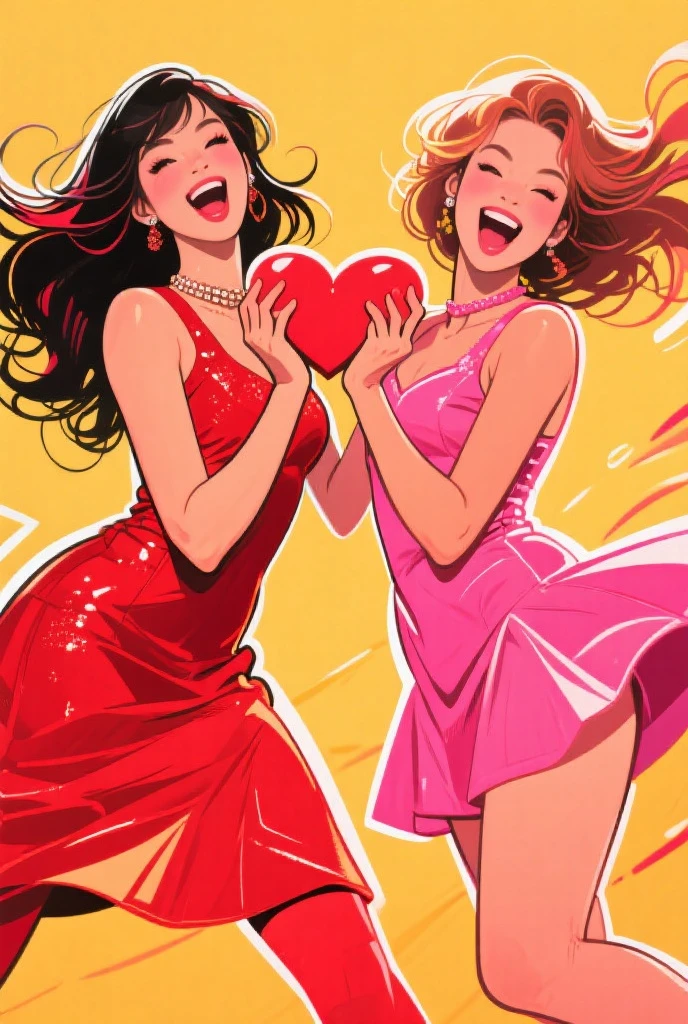 Comic style, Illustration, Line art style, illustrated cowboy shots (22 years old ([amy adams|Kate Bosworth])) Her reddish-brown hair and pale green eyes are dancing., celebrating, (balloons and confetti), Eyes closed, huge smile, Happy, wearing a sundress, Small breasts, cleavage, Party, (heart-shaped balloons floating in the air, celebration, High energy, nffsw, absurderes, Dynamic lighting, Dynamic Pose, hand painted style, Bright colors, fun explosion background