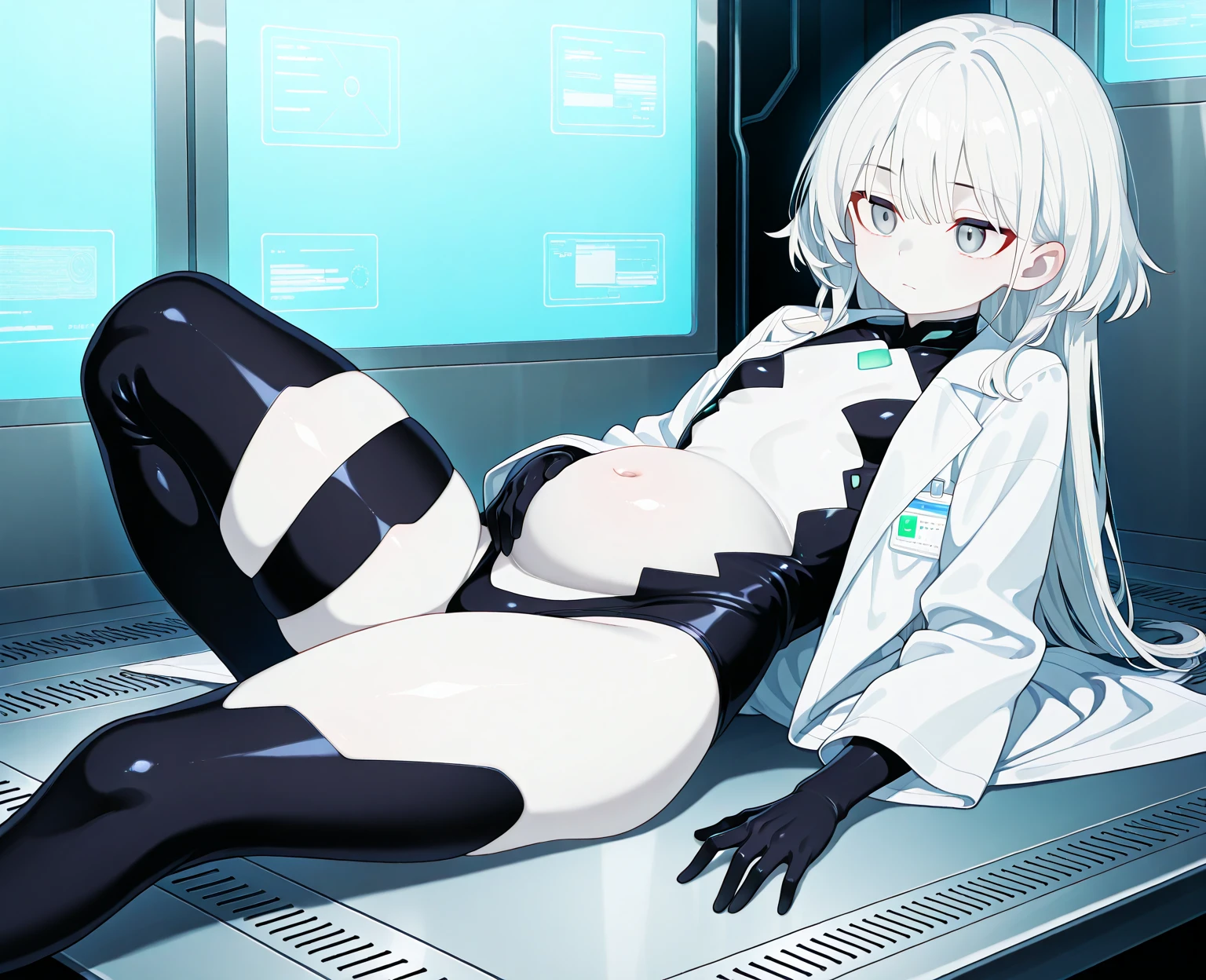 ((1 cyborg woman)),((big breasts, naked breasts, naked pussy, completely naked, blue piercing on the clitoris)),((standing, futuristic room)),((serious guy with a black eye, belted a polco in pain, sweating cold)),((bare breasts, with lots of bubian hair, wearing a scientist's coat)),((short gray hair with Elastic, bright yellow eyes)),((facing the viewer)) ,((lying on a table with her legs open, placing a syringe with a yellow liquid in her pussy, syringe in her pussy, liquid coming out of her pussy))
