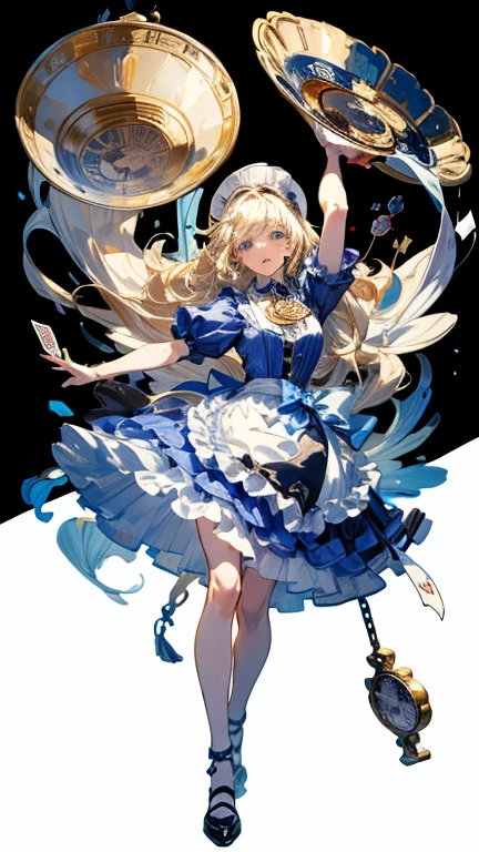 One Girl、Alice in Wonderland、Blonde Hair、Straight Long Hair、Blue Eyes、Blue maid outfit、Spread skirt、Surprised、running、Fantasy、