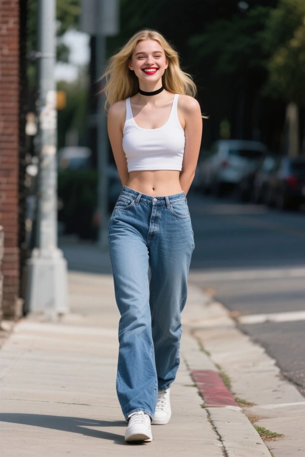 She has long pale yellow hair,Wasteland punk style,Wearing a white shirt,baggy jeans,Long legs,Black-gray tones,Shabby poster wall with background,tmasterpiece,Need,photorealestic,k hd,photography lighting,16k