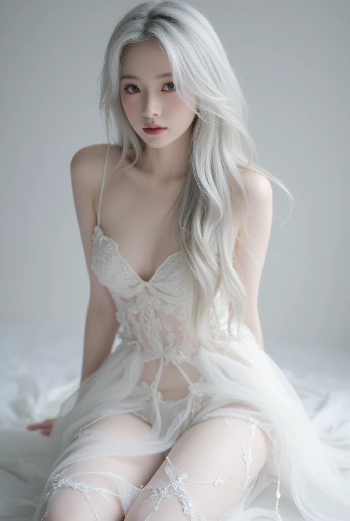 A little fairy，Sheer transparent clothes，White fringed hair ornament，Long white hair，Super big chest，show your crotch（has cleavage），8K，The crotch is too tight，Underwear is crooked，Beautiful and delicious，crotch vibrator，has cleavage男人亲吻