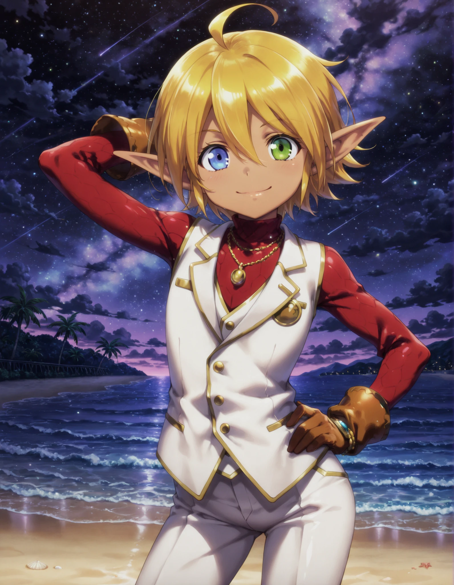 masterpiece, best quality, very aesthetic, 1girl,, aura bella fiora, short hair, blue eyes, blonde hair, hair between eyes, green eyes, ahoge, pointy ears, dark skin, heterochromia, elf, dark elf, anime screencap, gloves, jewelry, necklace, vest, white vest, pants, white pants, shiny skin, high quality, night sky, beach, (hand behind head, hand on hip), ((contrapposto)), closed mouth, cowboy shot, looking at viewer, smile,