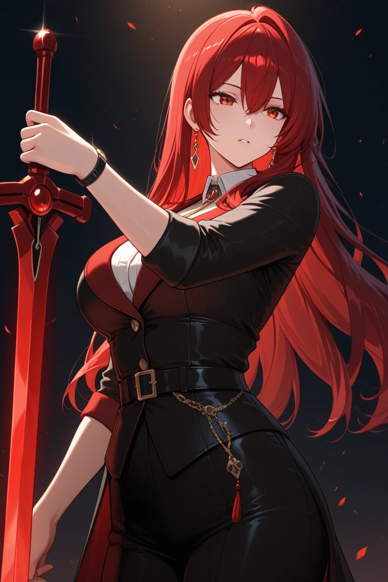 an yasuri, 1girl, arknights, bangs, banned artist, black dress, black jacket, breasts, buckle, cleavage, closed mouth, cowboy shot, detached collar, dress, giant, highres, horns, jacket, large breasts, long hair, long sleeves, molten rock, open clothes, open jacket, pouch, purple eyes, red hair, smile, surtr \(arknights\), sword, underbust, very long hair, weapon, ((masterpiece)) <lora:an_yasuri_offset:1>