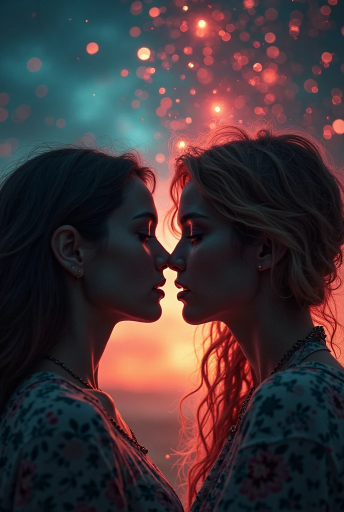 (Mysterious fog:1.5), (Thick Fog:1.2), iridescent, neon dust, shading effects, gradation magic effects, foggy filter effects, glitter effects, graphic CG digital art, Two young women kissing, A woman with long blonde hair and a woman with short black hair