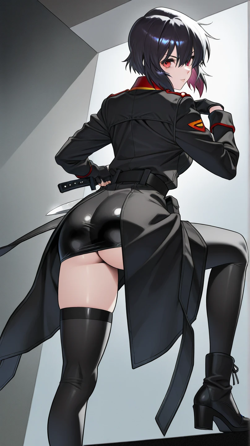 Meisterwerk), high resolution, (Extrem detailliert), fotorealistisch, 女の子1人, (((sehr langes, lockiges, kirschrotes Haar, seductive bright red eyes, largeeyes, Augen, niedliches Gesicht, kleines Gesicht, Scharfes Gesicht, gorgeous eyes, Blutjung, big legs, dicke Beine:1.7, wahnsinnig schmale Taille:1.3, medium boobs:1.3, flush, (Extrem sexy, sexy, sexy, sexy, sexy, sexy)))), ((Glatte Haut, Weiche Haut, Pralle Haut, street clothes, hoodie, leotard, bare legs, belt, thight highleg leotard, view from behind, fat ass, spraying graffiti)