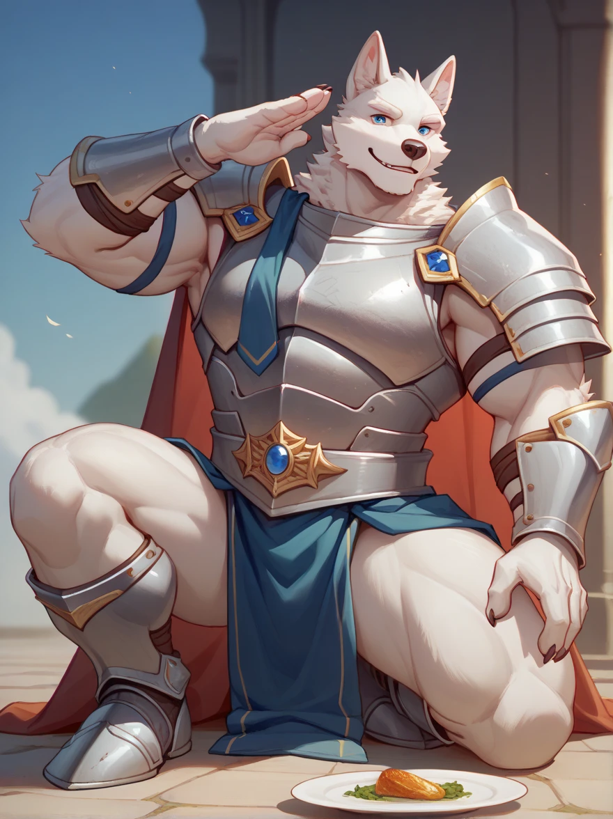 Solo, male (((retriever, muscular, white fur, white body, white fur, black eyebrows, black nose, blue eyes, folded ears, flustered expression, blush, ear piercing, ear ring, golden collar, gold cuffs, thin waist, underwear, big bulge))) standing, 5 fingers, tribal tent ((focus eyes, focus pupils, focus white body, focus white fur, focus 5 fingers, focus golden collar, focus underwear)) full body, perfect anatomy, adult character, by darkgem, by mystikfox61, by glitter trap boy