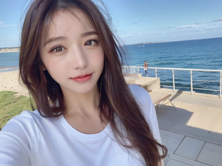 (masterpiece)), ((Highest quality)), ((Genuine)), ((8k)), 1 girl, Wide range、Looking down、Japanese, 24-years-old, so beautiful, cute, model, whole body, thin, model, ソニー一眼レフphotograph, blonde, Long Hair, ,smile, background Genuineistic, photograph,beach、night、Gazing into the distance