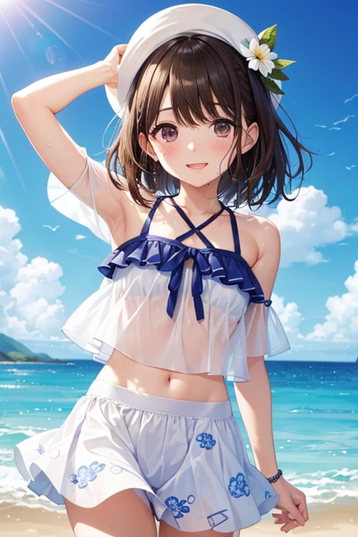(masterpiece, Highest quality:1.2), 1 Girl, alone,Eyes open,Tropical atmosphere,Ocean,Swimwear