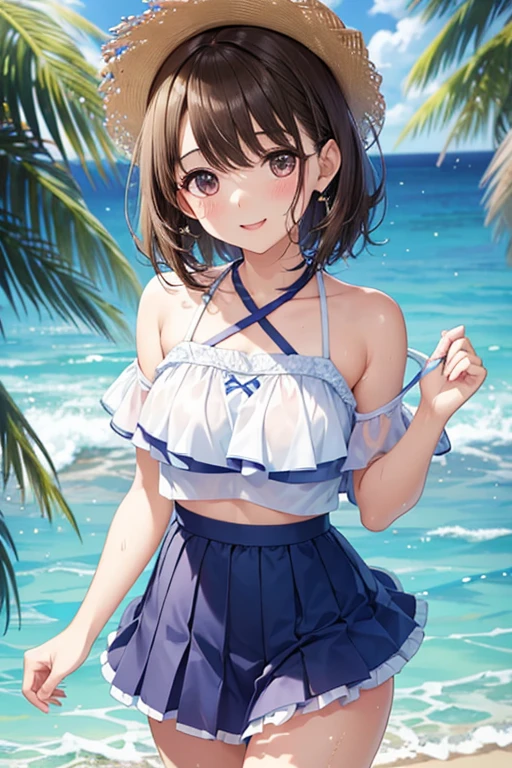 Mirai Kasuga, (highest quality, 8k, masterpiece, Very detailed:1.2), (Lens flare, Particles of light, Shine), Big Breasts, smile, Open your mouth, masterpiece, highest quality, Very detailed, High resolution, Very detailedなCG, (Official Art), Off the shoulder, Light blue bikini, (Embarrassing:1.1), (blush:1.2), Open your mouth, (shout:1.1), (Moving lines:1.1), blue sky, summer, Sandy Beach, Cowboy Shot