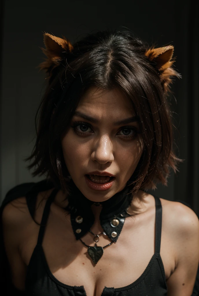 <lora:emotions_lora:1>, screaming gnashing mouth, (seething eyes:1.2), looking straight, closeup portrait, neco girl, cat girl, collar, neck, outside in a village