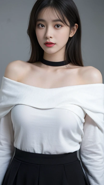 highest quality, Ultra-high resolution, (Realistic:1.4), One girl, off-the-shoulder white shirt, Black tight skirt, Black Choker, (Faded grey hair:1), (Huge breasts:1.2), View your viewers, close ,