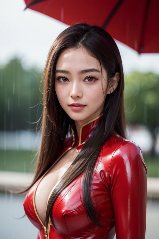 8k resolution, exquisite facial features, perfect face, superman, superhero, star symbol on the chest, cloak on the back, lines on the forehead, a female figure, a beautiful lady, shiny skin, high detail, higher quality, Bishōjo, long golden hair, tight leather clothes, (latex bodysuit), (big breakthroughs)), gym, delicate face, {{illustration}}, {extremely delicate and beautiful}, {exquisite makeup}, {{Girls in red Skin-tight garment}}, super meticulous, (black and red stripes on the clothes), delicate and luminous eyes, red leather clothes, tightovie light}}, street, extreme light effect