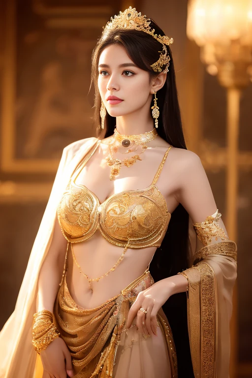 1girl,tall,finery,robe,solo,navel, jewelry, dynamic pose, long hair, looking at viewer, intricate detail,half length portrait,a well-groomed garden full of exotic flowers and freshly-trimmed lawns, intricate complex background,breathtakingly beautiful,bright brilliant backlighting,